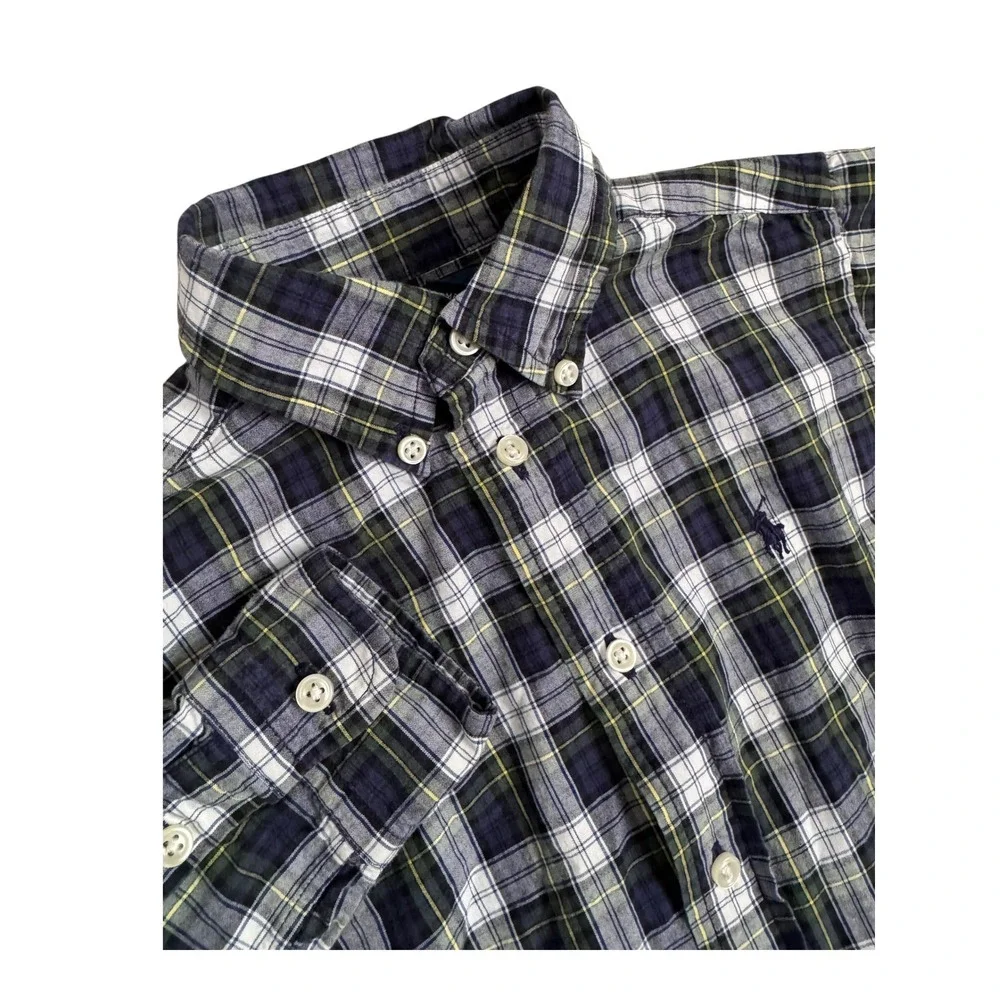 Ralph Lauren Boys Navy Green Plaid Button‎ Down Shirt 4/4T Cotton Long Sleeve